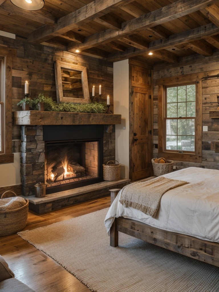 rustic-bedroom-ideas-natural-materials-cozy-ambiance-using-reclaimed-wood-furniture-stone-fireplace-woven-baskets