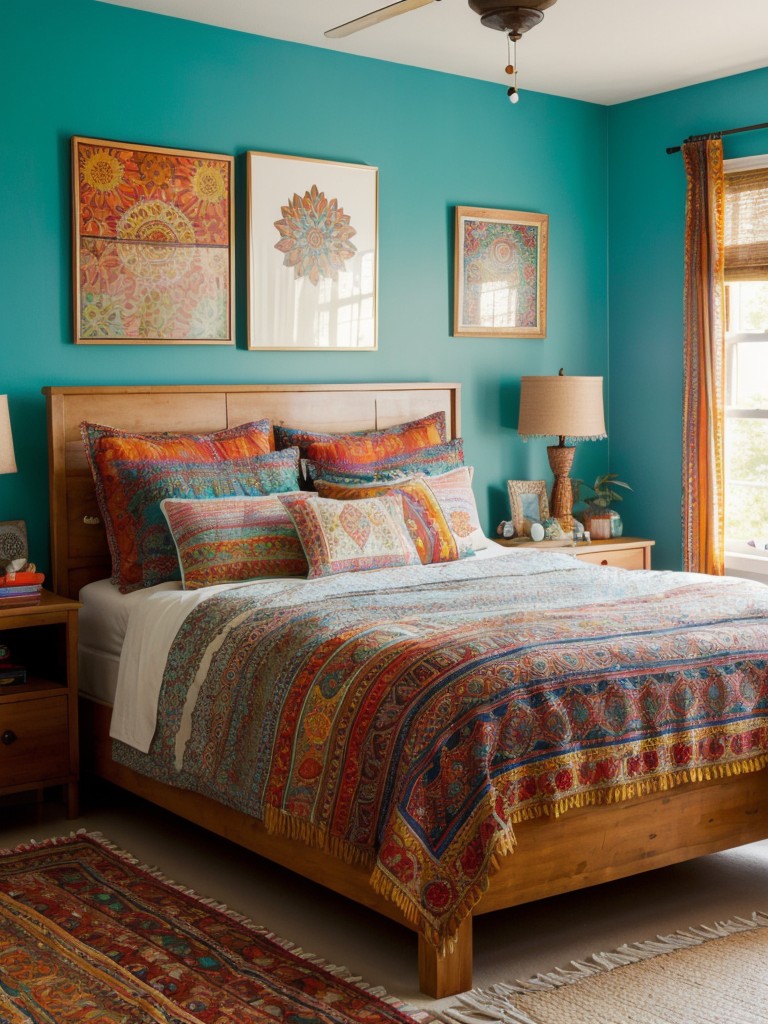 bohemian-inspired-bedroom-ideas-vibrant-patterns-bold-colors-using-eclectic-artwork-layered-textiles-free-spirited-cozy-feel