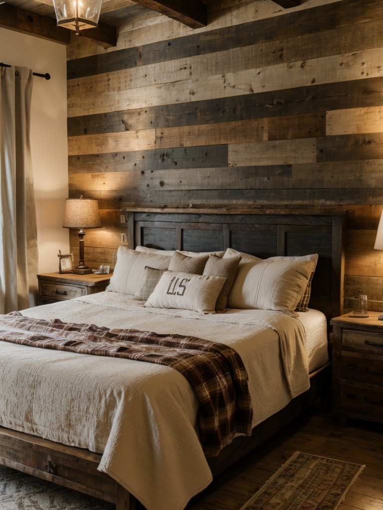 rustic-farmhouse-bedroom-ideas-reclaimed-wood-furniture-cozy-plaid-bedding-using-vintage-inspired-lighting-fixtures-textured-throw-pillows