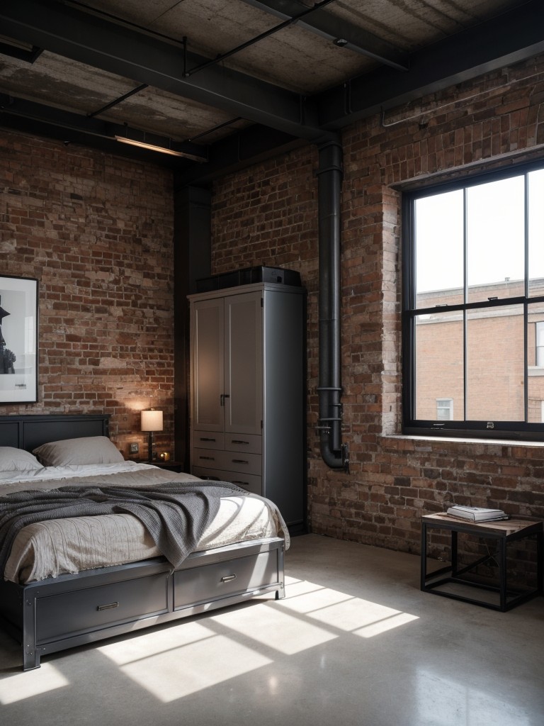 industrial-bedroom-ideas-exposed-brick-walls-metal-accents-monochromatic-color-scheme-trendy-edgy-look
