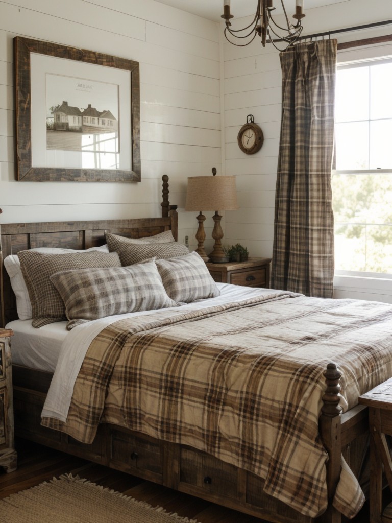 rustic-farmhouse-bedroom-ideas-distressed-wood-furniture-cozy-plaid-textiles-mix-vintage-modern-accents