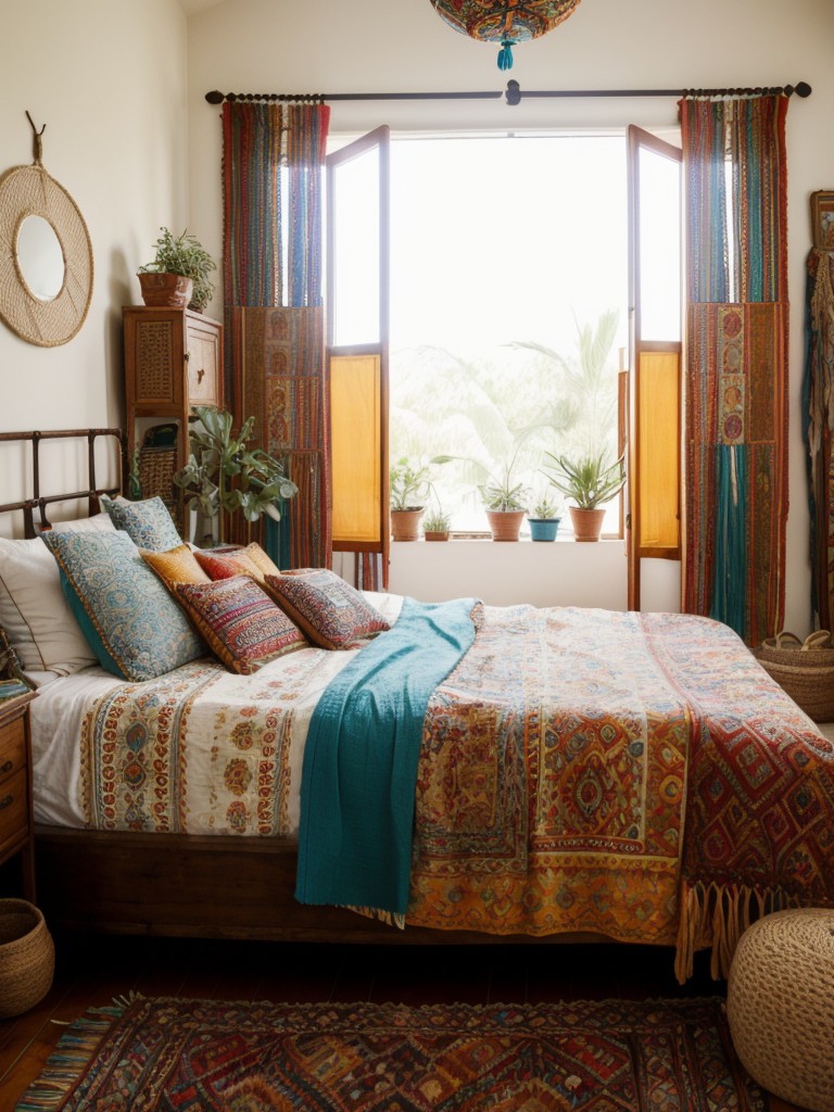 bohemian-bedroom-ideas-eclectic-patterns-vibrant-colors-mix-vintage-cultural-inspired-decor-elements-such-macrame-wall-hangings-woven-rugs