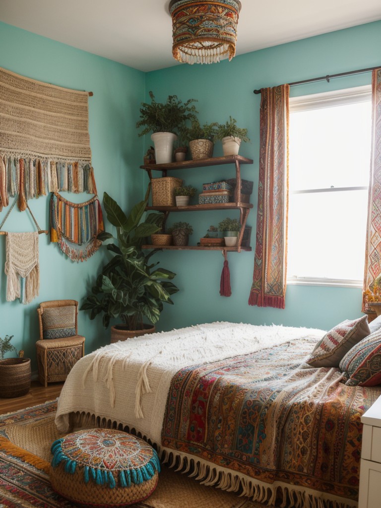 bohemian-chic-bedroom-ideas-vibrant-colors-eclectic-patterns-mix-textures-using-macrame-wall-hangings-fringed-pillows-vintage-inspired-rug