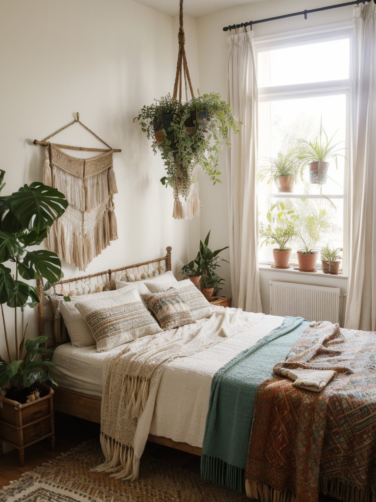 boho-chic-bedroom-ideas-mix-patterns-textures-carefree-bohemian-vibe-incorporating-fringe-details-patterned-textiles-hanging-plants