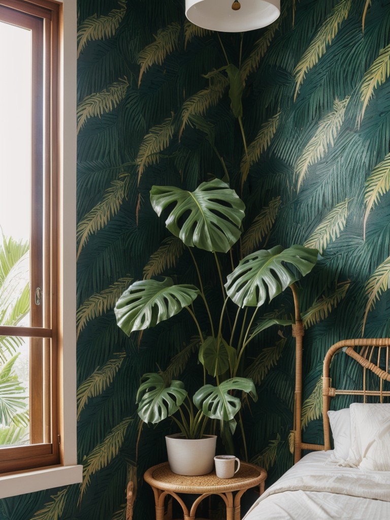 tropical-bedroom-ideas-vibrant-color-scheme-tropical-prints-breezy-feel-incorporating-palm-leaf-wallpaper-rattan-furniture-tropical-plants