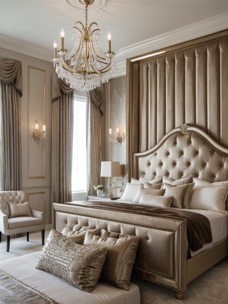 glamorous-bedroom-ideas-luxurious-textures-metallic-accents-showcasing-tufted-headboard-crystal-chandelier