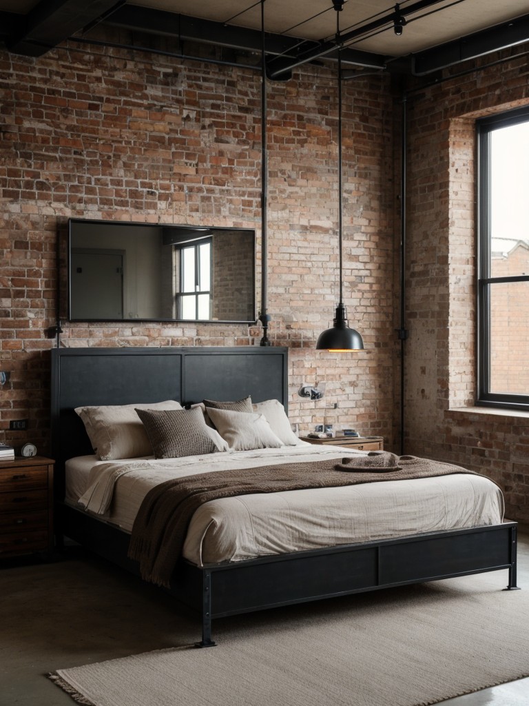 industrial-bedroom-ideas-mix-raw-materials-edgy-decor-such-exposed-brick-walls-metal-light-fixtures