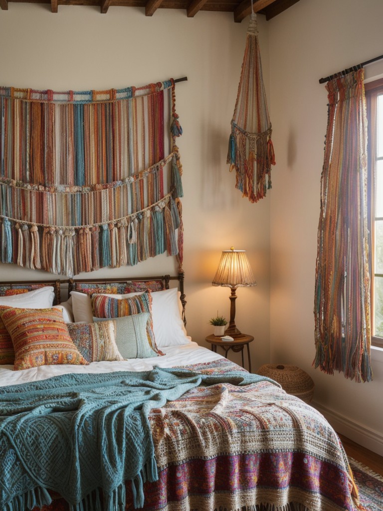 bohemian-bedroom-ideas-eclectic-mix-patterns-vibrant-colors-creating-free-spirited-cozy-ambiance-using-macrame-wall-hangings-layered-textiles