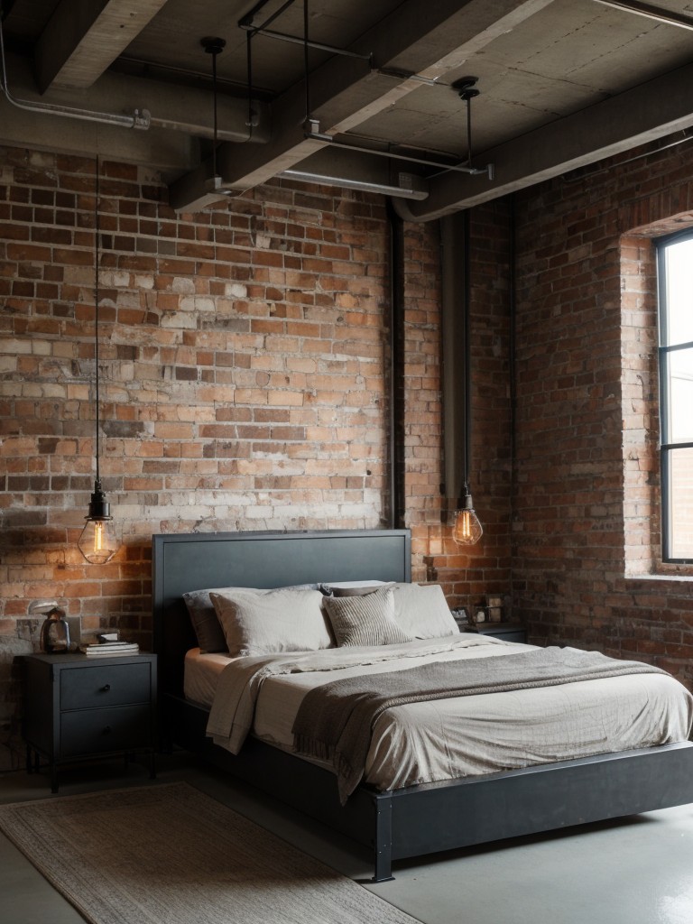 industrial-bedroom-ideas-exposed-brick-walls-metal-accents-giving-raw-urban-feel-using-edison-bulb-lighting-concrete-inspired-furniture