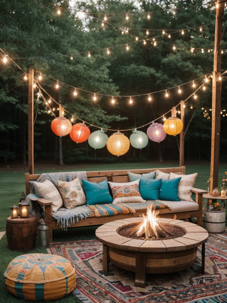 bohemian-inspired-backyard-colorful-textiles-hanging-lanterns-cozy-fire-pit