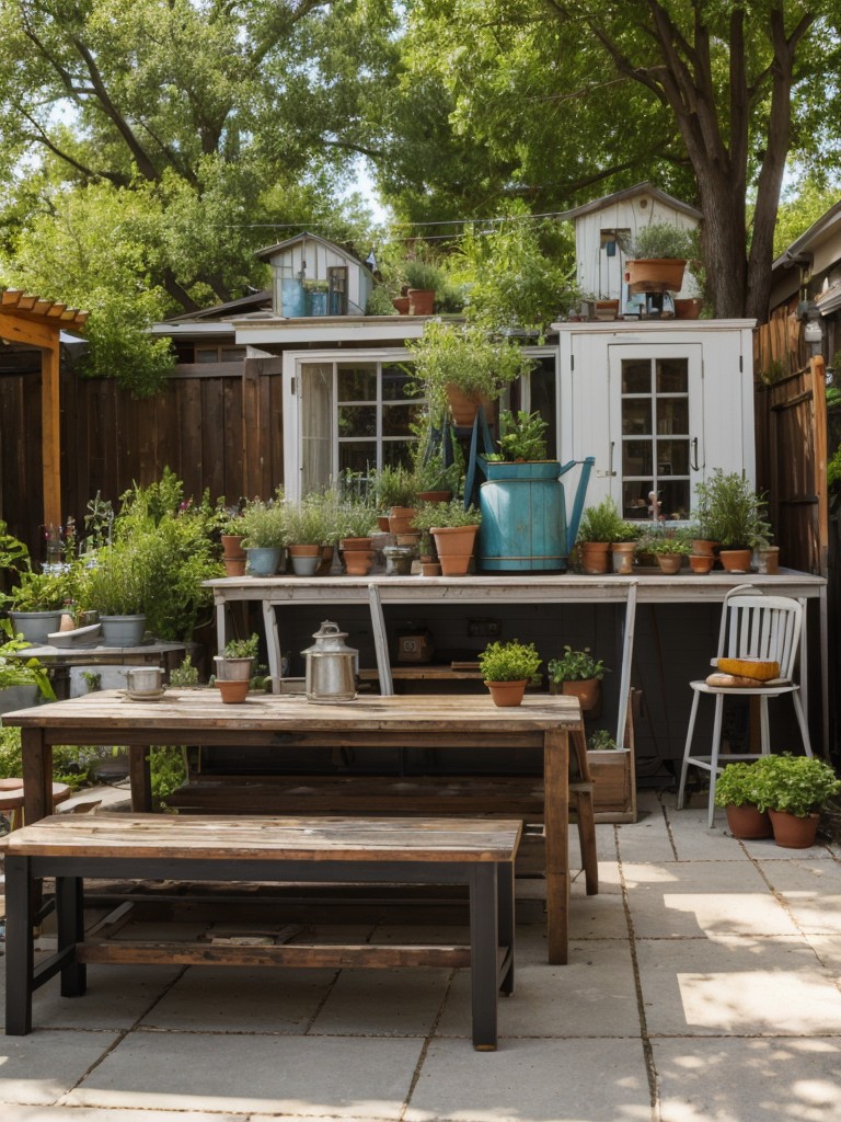 eclectic-backyard-design-vintage-furniture-upcycled-planters-quirky-outdoor-art-display
