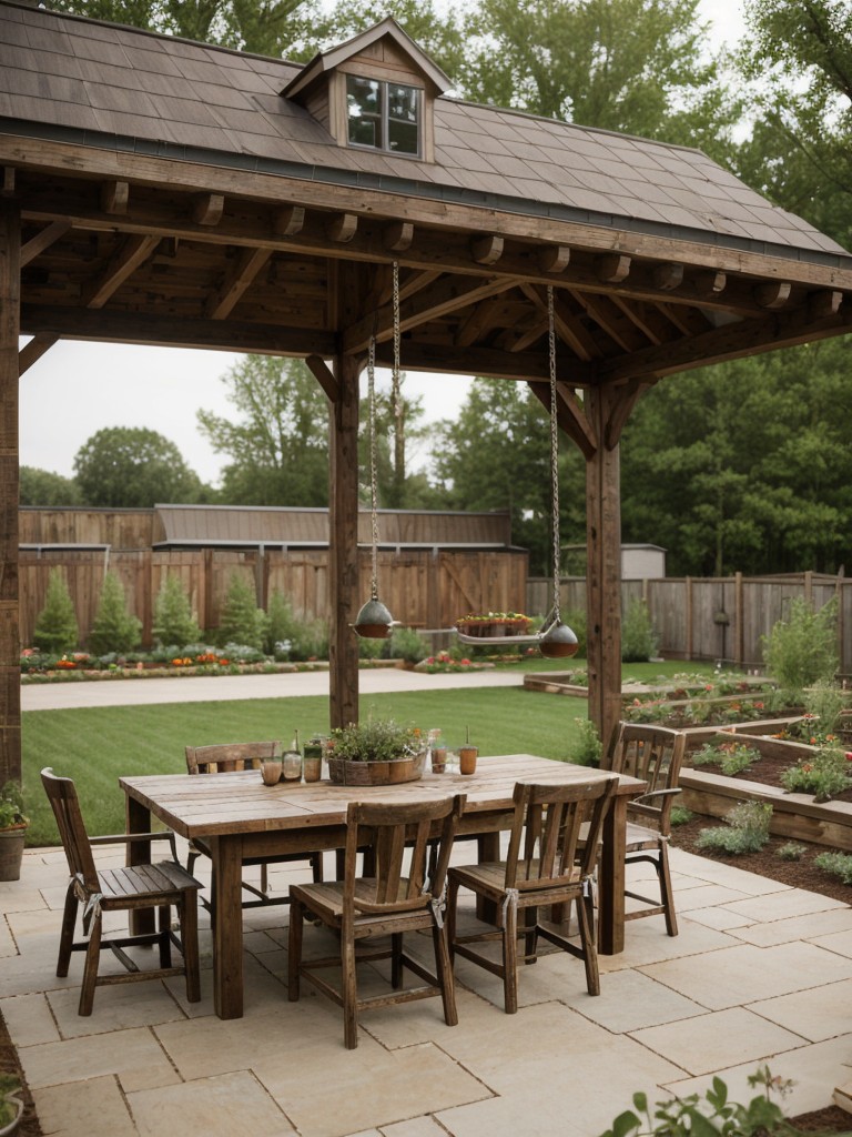 farmhouse-style-backyard-rustic-dining-area-raised-vegetable-gardens-charming-swing