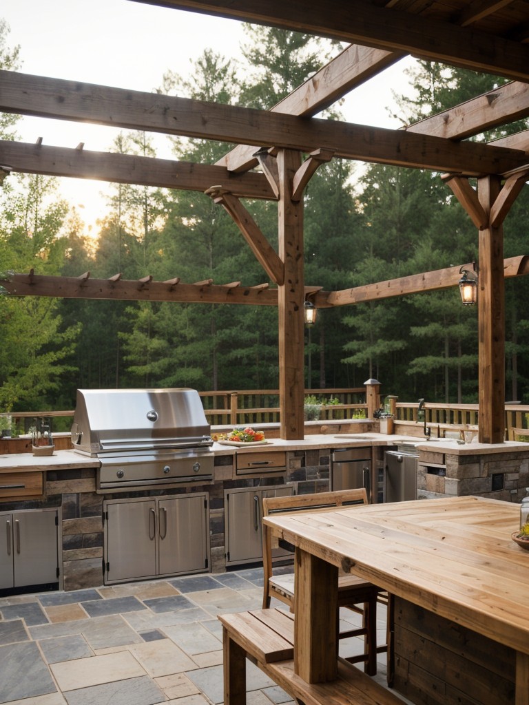 rustic-backyard-design-wooden-pergola-outdoor-kitchen-cozy-seating-area