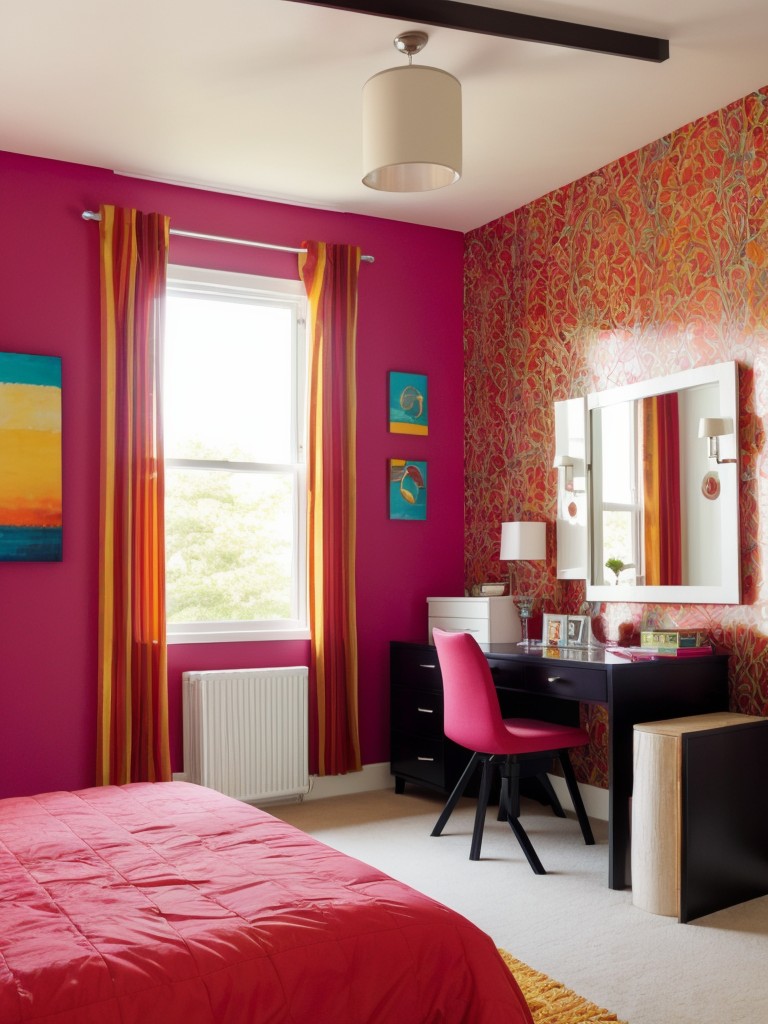 bold-vibrant-bedroom-ideas-incorporating-bright-colors-statement-wallpaper-unique-artwork