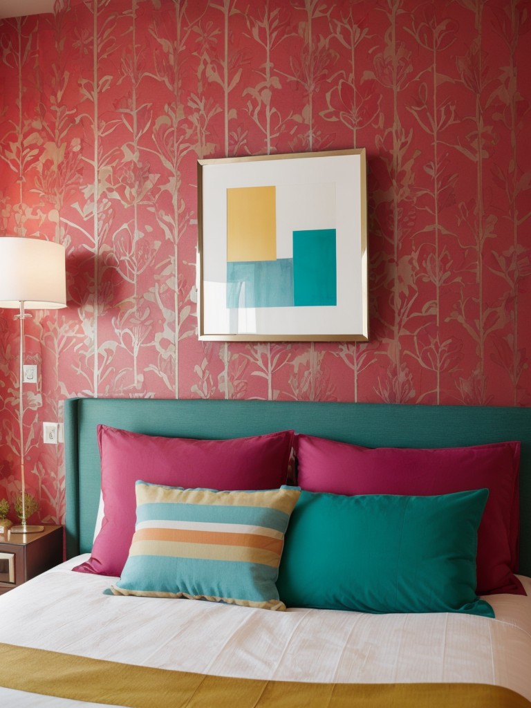 bold-vibrant-bedroom-ideas-statement-wallpaper-accent-pillows-pops-color-fun-energetic-vibe