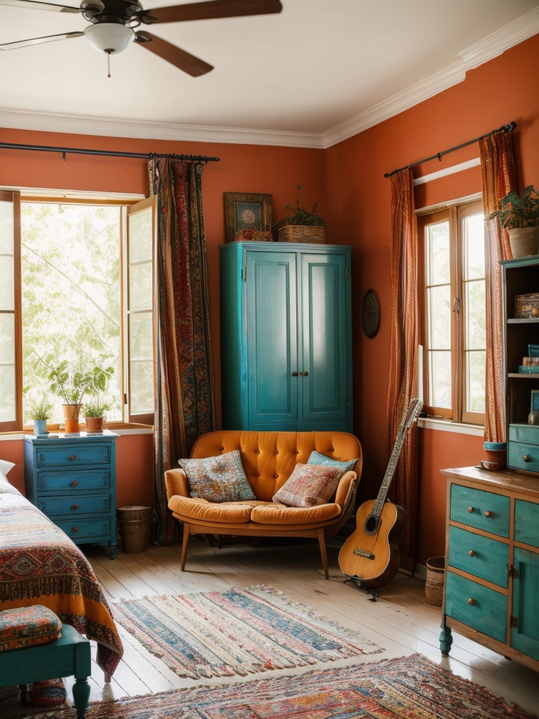 bohemian-bedroom-ideas-vibrant-colors-eclectic-patterns-mix-vintage-modern-furniture-whimsical-carefree-atmosphere