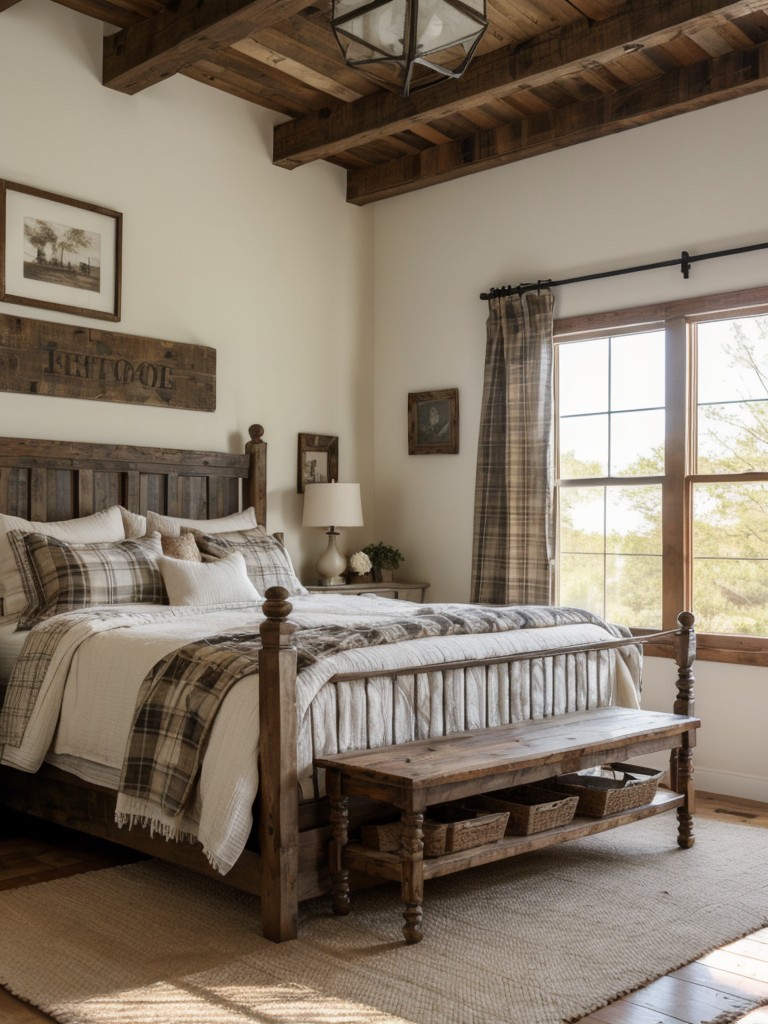 farmhouse-bedroom-ideas-distressed-wood-furniture-vintage-accessories-cozy-plaid-textiles-charming-rustic-appeal