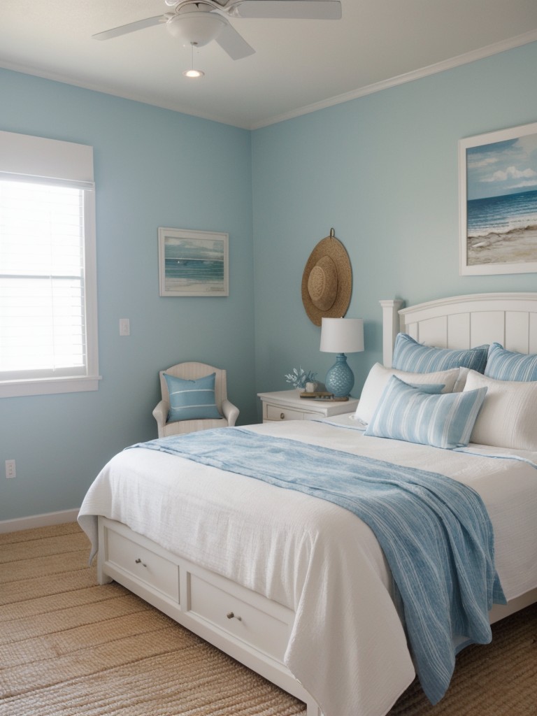 coastal-bedroom-ideas-nautical-theme-incorporating-soft-blues-whites-sandy-hues-using-elements-like-seashells-driftwood-accents-striped-bedding-to-cre