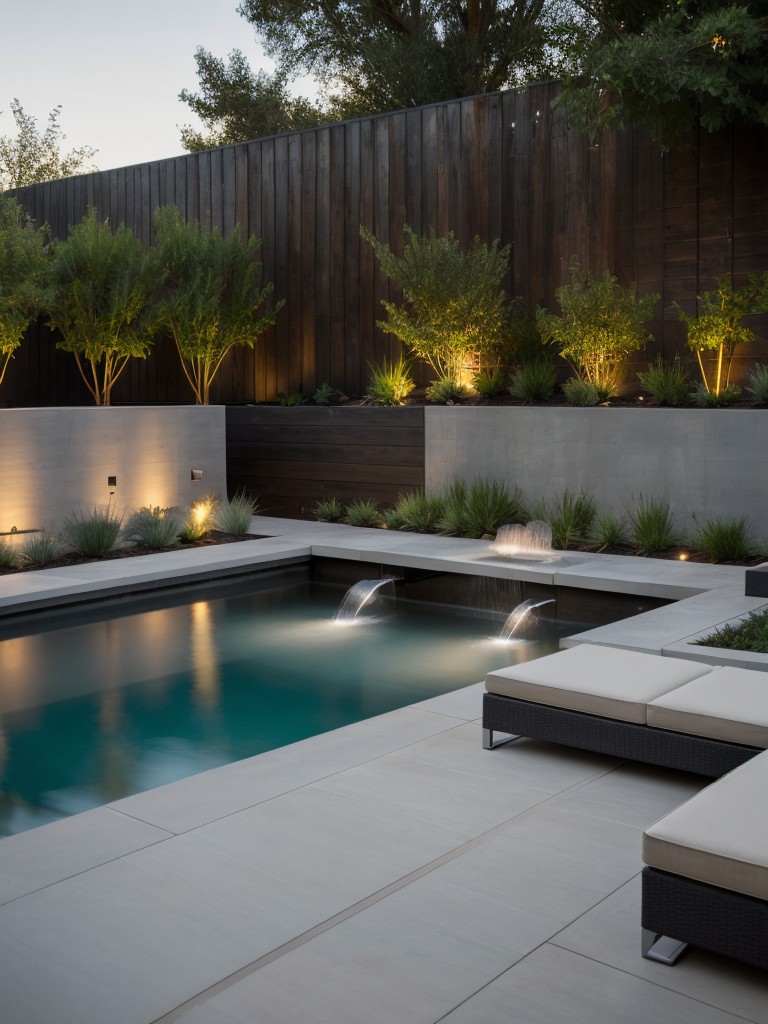 contemporary-backyard-ideas-sleek-outdoor-furniture-modern-water-fountain-statement-lighting-fixtures