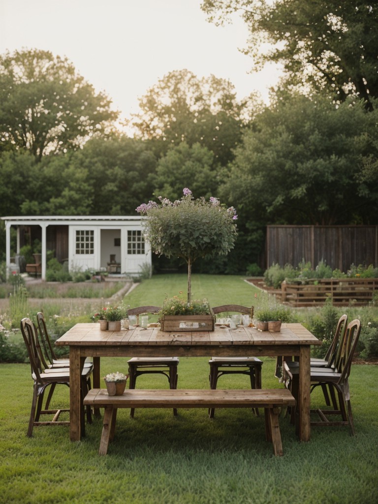 farmhouse-backyard-ideas-rustic-wooden-dining-table-vintage-garden-tools-decor-vegetable-garden