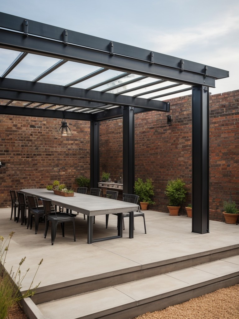 industrial-backyard-ideas-exposed-brick-walls-metal-pergola-concrete-countertops
