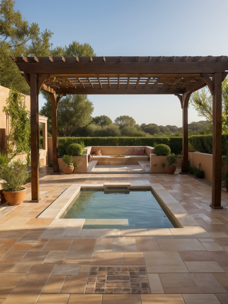 mediterranean-backyard-ideas-terracotta-tile-flooring-pergola-climbing-vines-relaxing-outdoor-spa