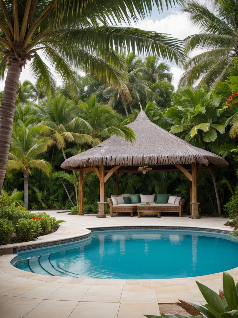 tropical-backyard-ideas-lush-palm-trees-thatched-roof-gazebo-refreshing-swimming-pool