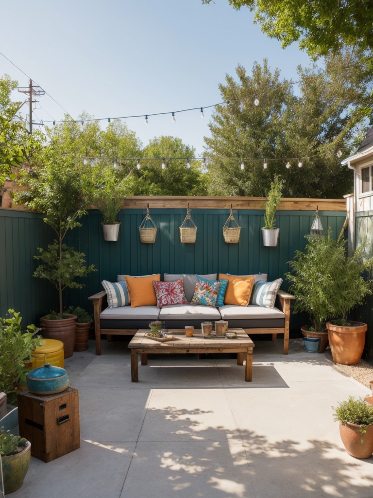 eclectic-backyard-design-mix-vintage-furniture-eclectic-planters-funky-yard-art