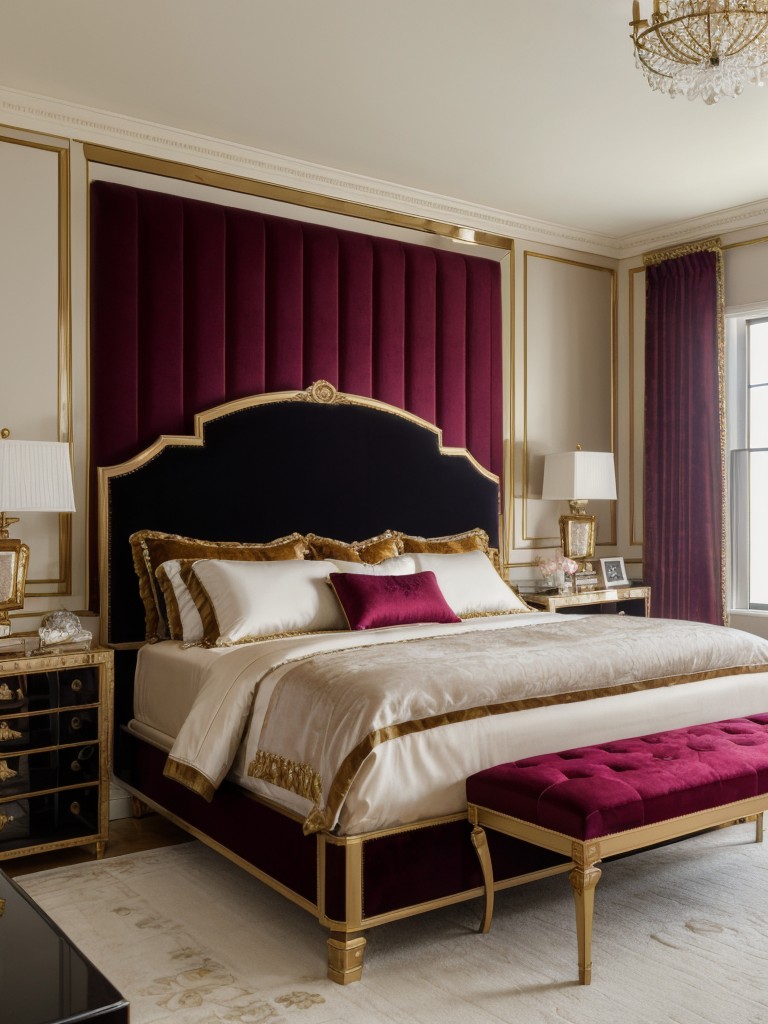 glamorous-hollywood-regency-bedroom-design-bold-colors-luxurious-fabrics-like-velvet-dramatic-statement-pieces-like-upholstered-headboard