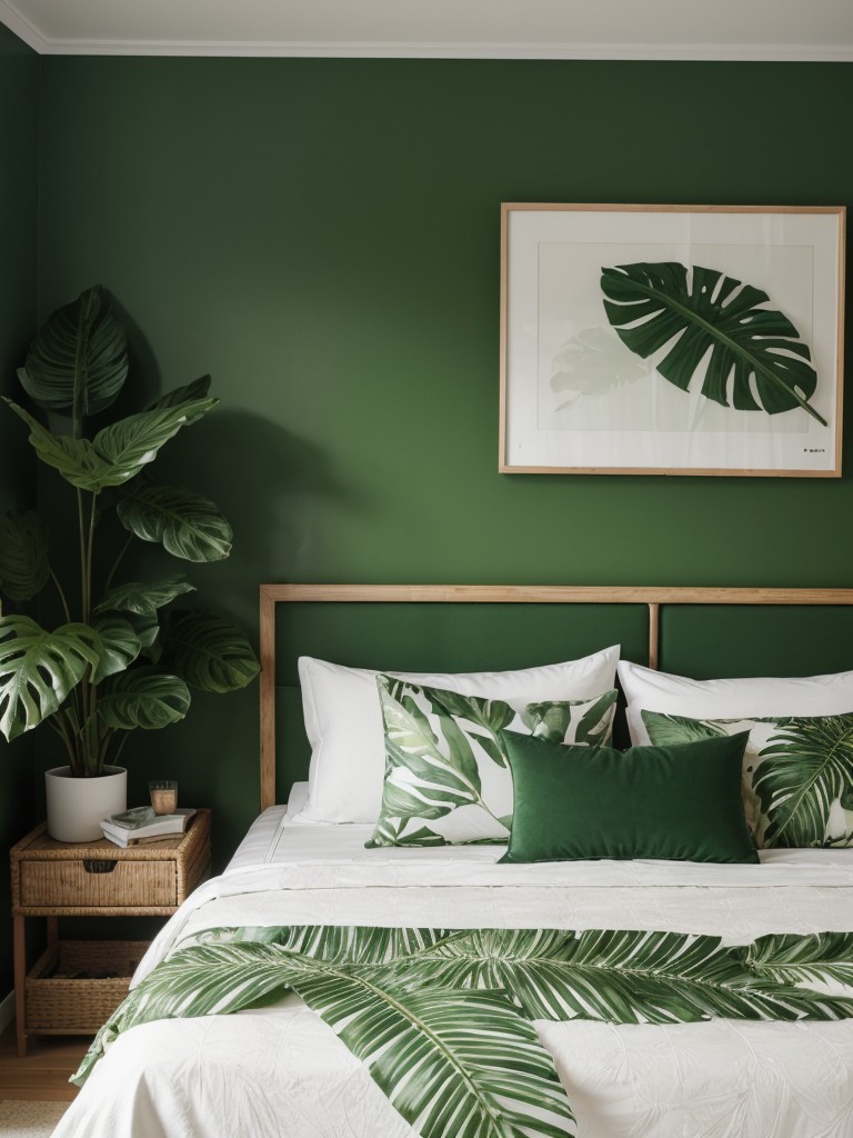 tropical-themed-bedroom-decor-bold-prints-leafy-green-plants-natural-textures