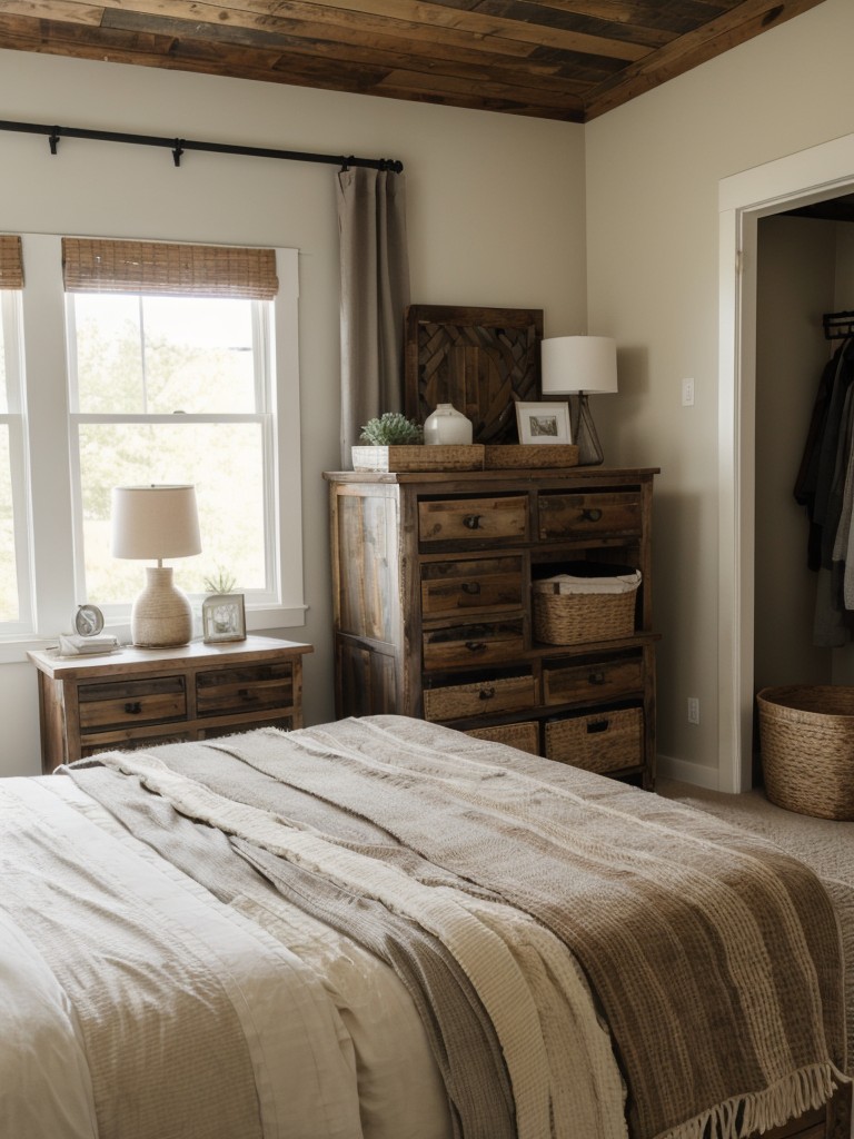 using-distressed-wood-furniture-cozy-bedding-woven-baskets-storage
