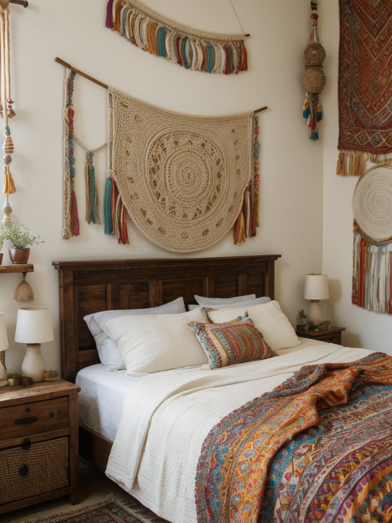 bohemian-bedroom-ideas-vibrant-patterns-mix-textures-incorporating-macrame-wall-hanging-colorful-tapestry