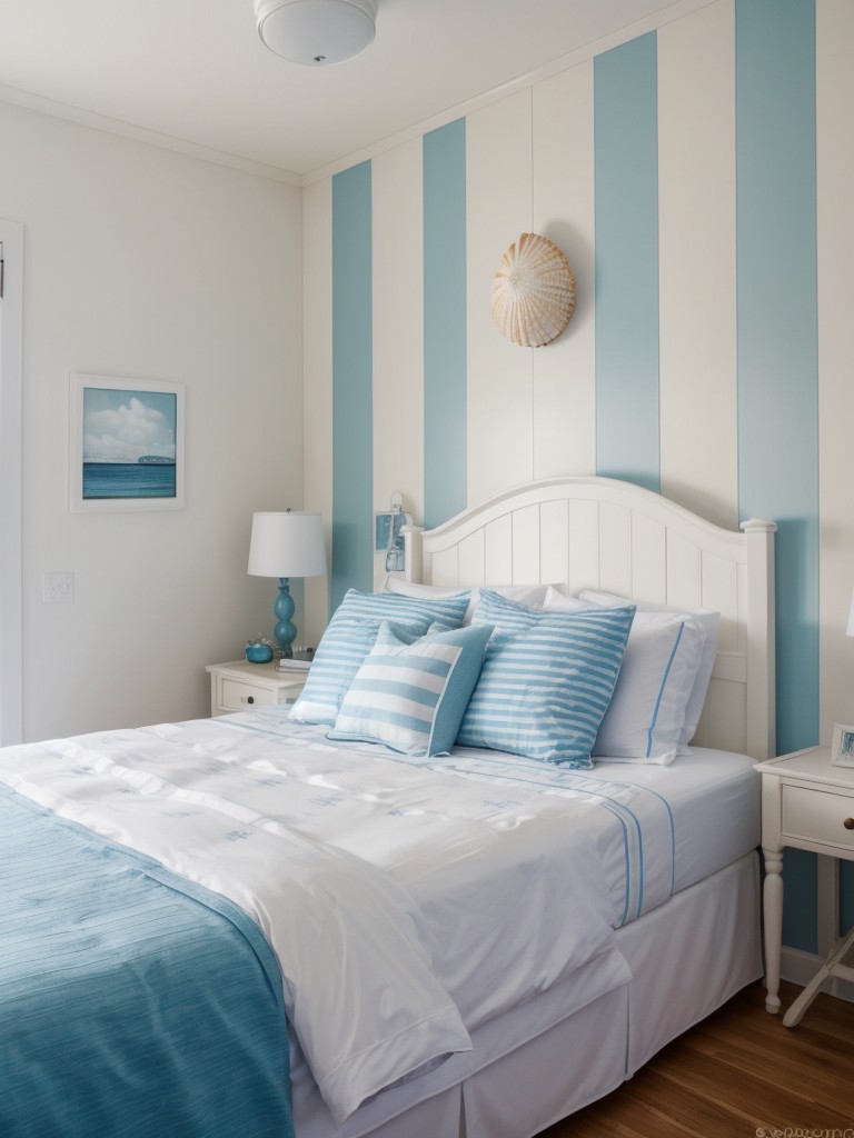 coastal-bedroom-ideas-beachy-color-scheme-nautical-decor-highlighting-seashell-wall-art-striped-blue-white-duvet
