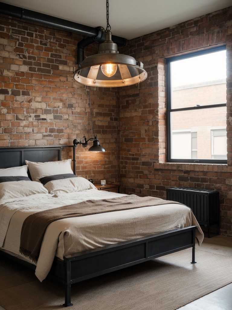 industrial-bedroom-ideas-exposed-brick-walls-metal-accents-utilizing-pulley-pendant-light-metal-bed-frame