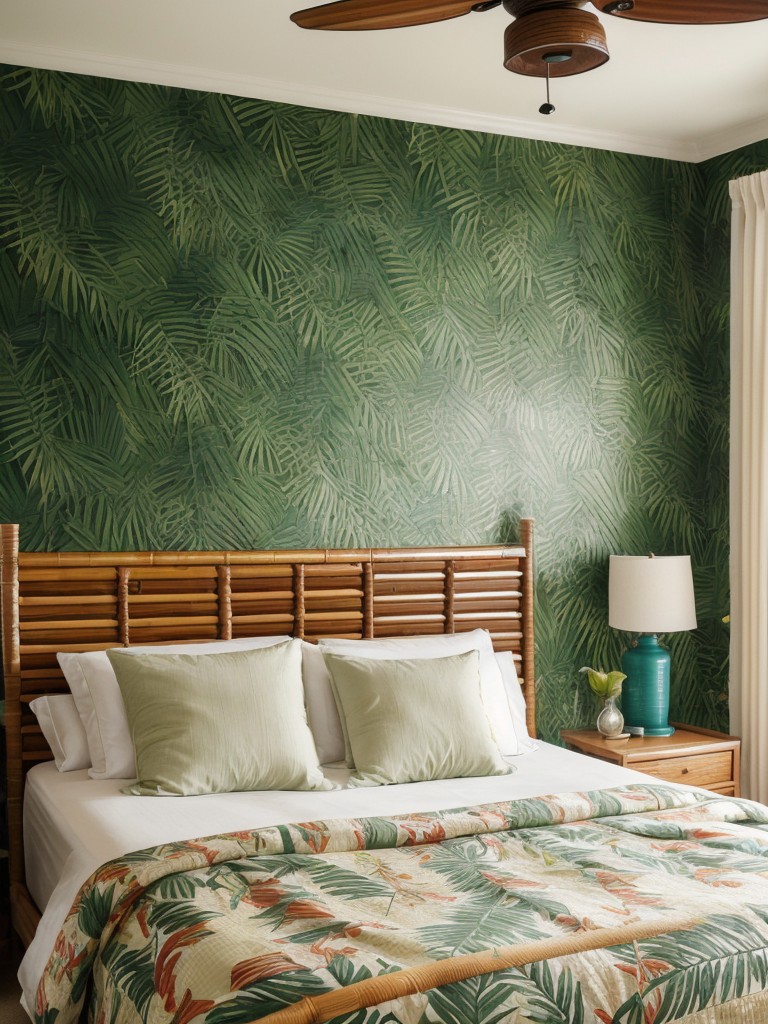 tropical-bedroom-ideas-vibrant-tropical-print-wallpaper-natural-elements-utilizing-rattan-headboard-bamboo-blinds