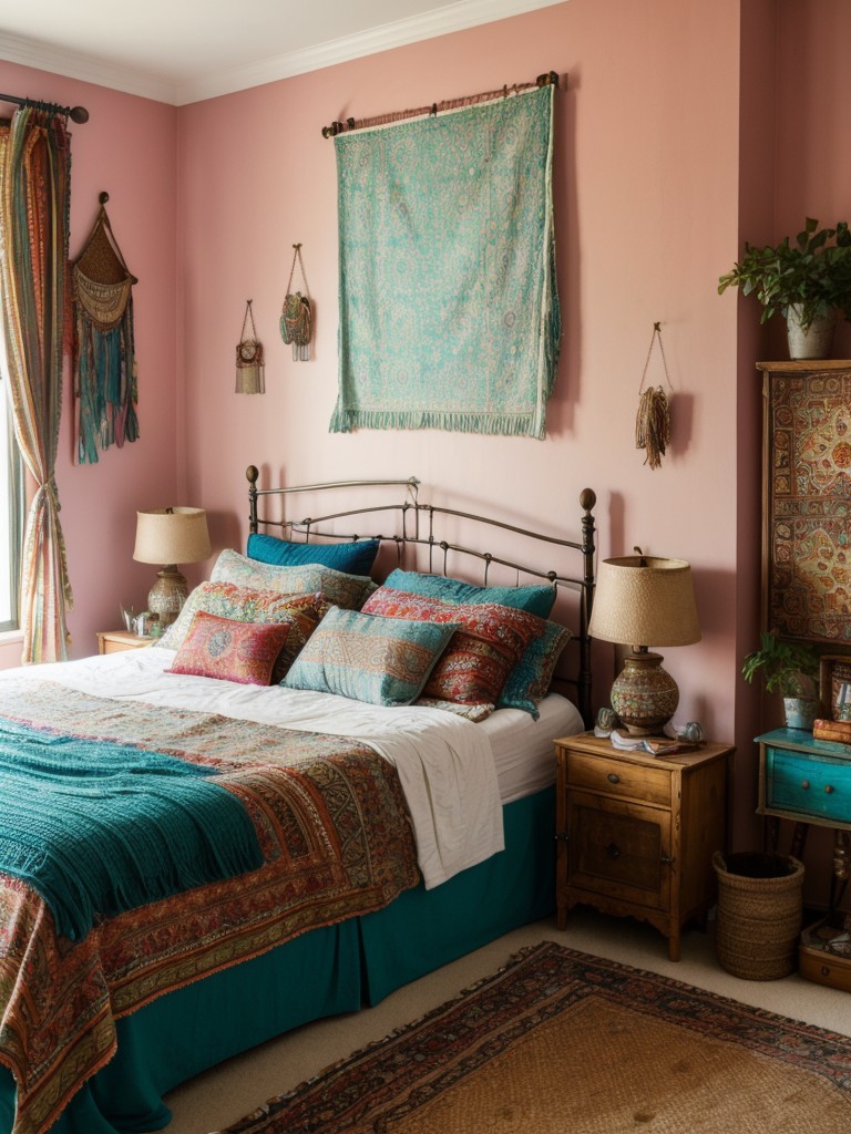 bohemian-bedroom-ideas-vibrant-patterns-layered-textiles-mix-eclectic-furniture-boho-chic-vibe