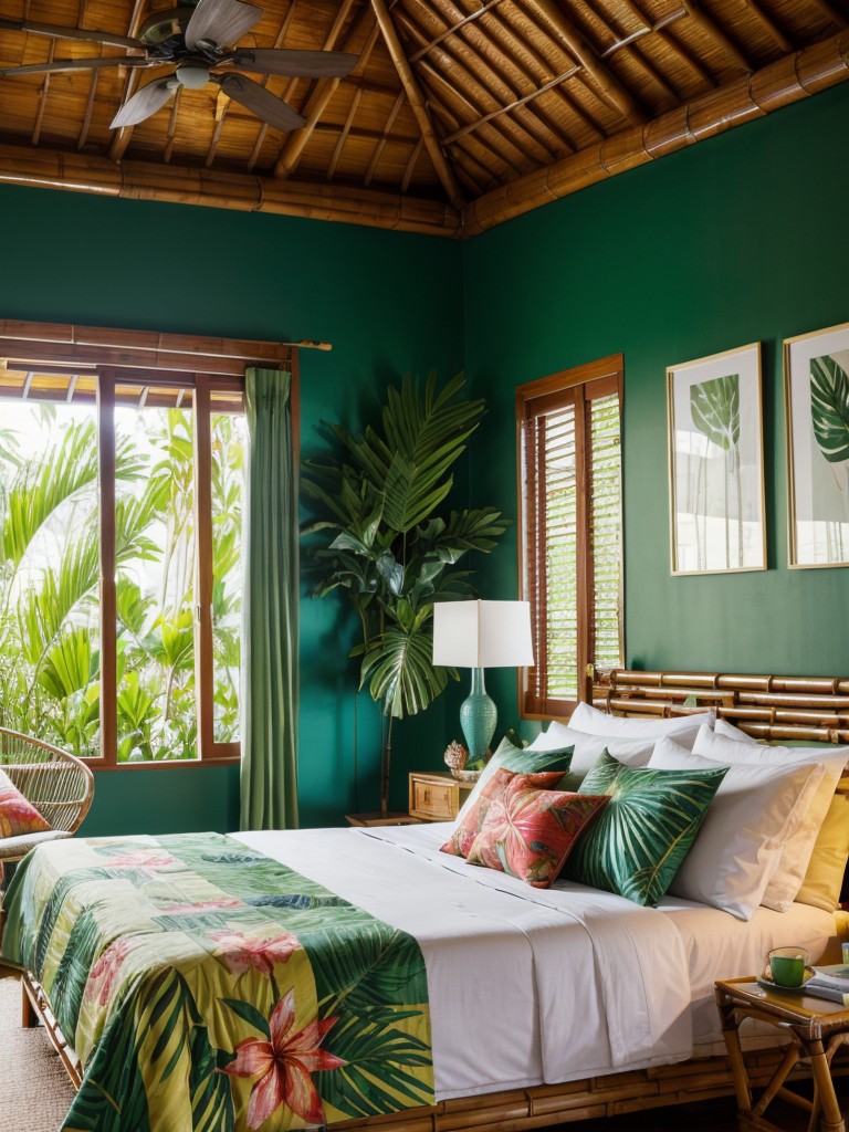 tropical-bedroom-ideas-lush-greenery-bamboo-furniture-vibrant-tropical-prints-tropical-getaway-vibe