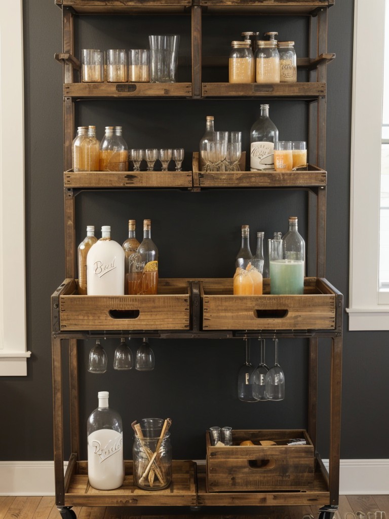 set-up-rustic-bar-cart-beverage-station-mason-jars-wooden-crates-vintage-glassware