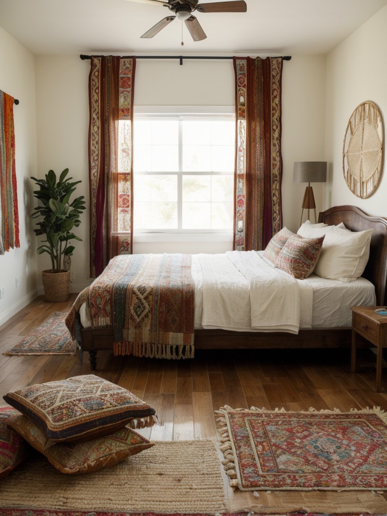 boho-chic-bedroom-ideas-layered-rugs-floor-cushions-eclectic-mix-patterns-textures