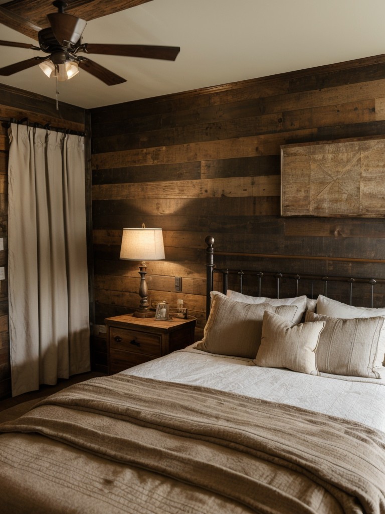 farmhouse-bedroom-ideas-rustic-charm-cozy-textiles-vintage-accents-featuring-wood-paneled-accent-wall-wrought-iron-bed-frame
