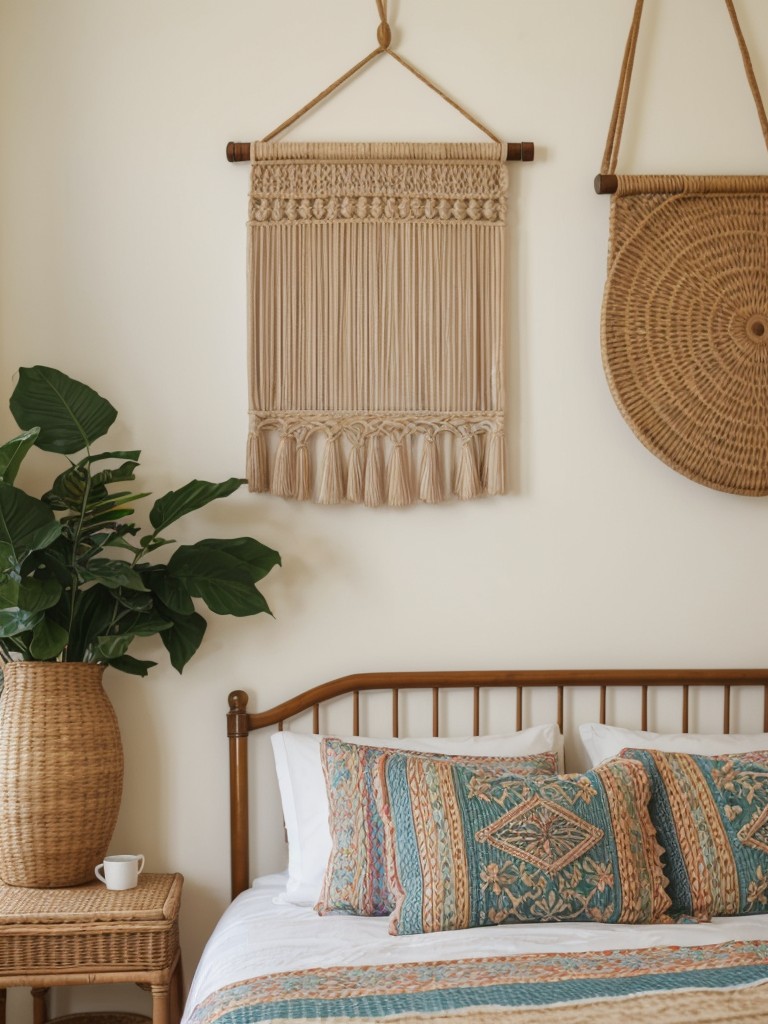 incorporating-rattan-furniture-macrame-wall-hangings-colorful-patterned-bedding