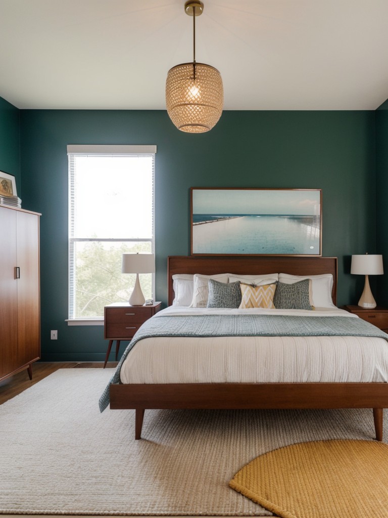 mid-century-modern-bedroom-ideas-retro-flair-clean-lines-iconic-furniture-pieces-featuring-geometric-patterned-rug-statement-pendant-light