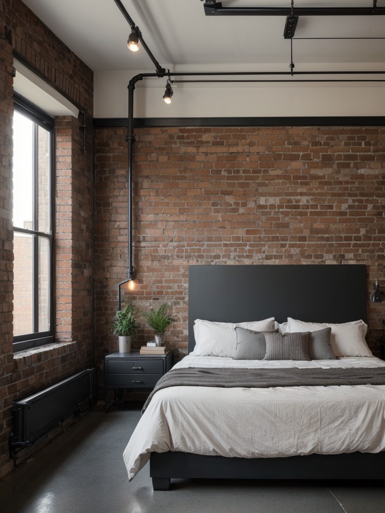 industrial-bedroom-ideas-exposed-brick-walls-metal-accents-monochromatic-color-scheme-trendy-urban-look