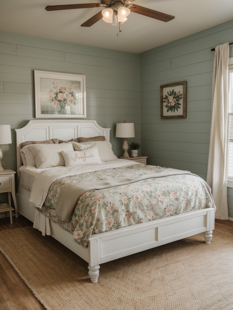 cozy-farmhouse-bedroom-ideas-shiplap-accent-wall-vintage-inspired-furniture-featuring-floral-patterns-soft-neutral-colors