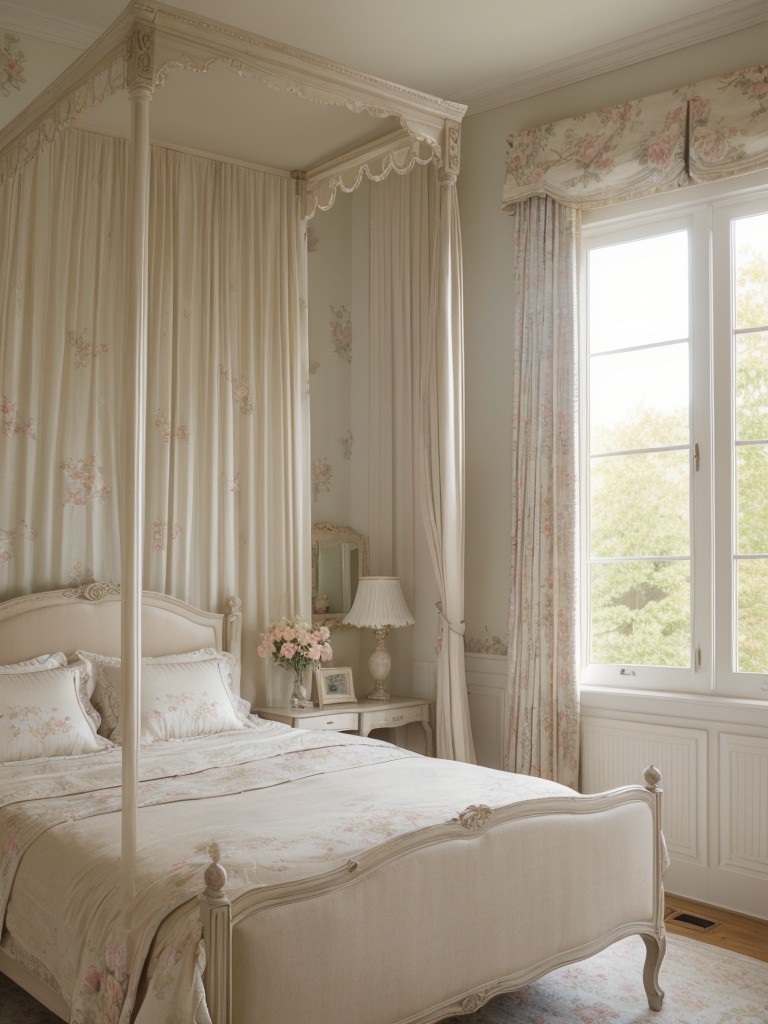 elegant-french-country-bedroom-ideas-four-poster-bed-floral-wallpaper-featuring-delicate-furniture-soft-pastel-colors