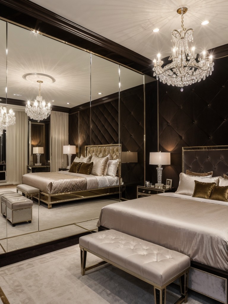 glamorous-hollywood-inspired-bedroom-ideas-mirrored-accent-wall-crystal-chandelier-using-metallic-finishes-velvet-upholstery