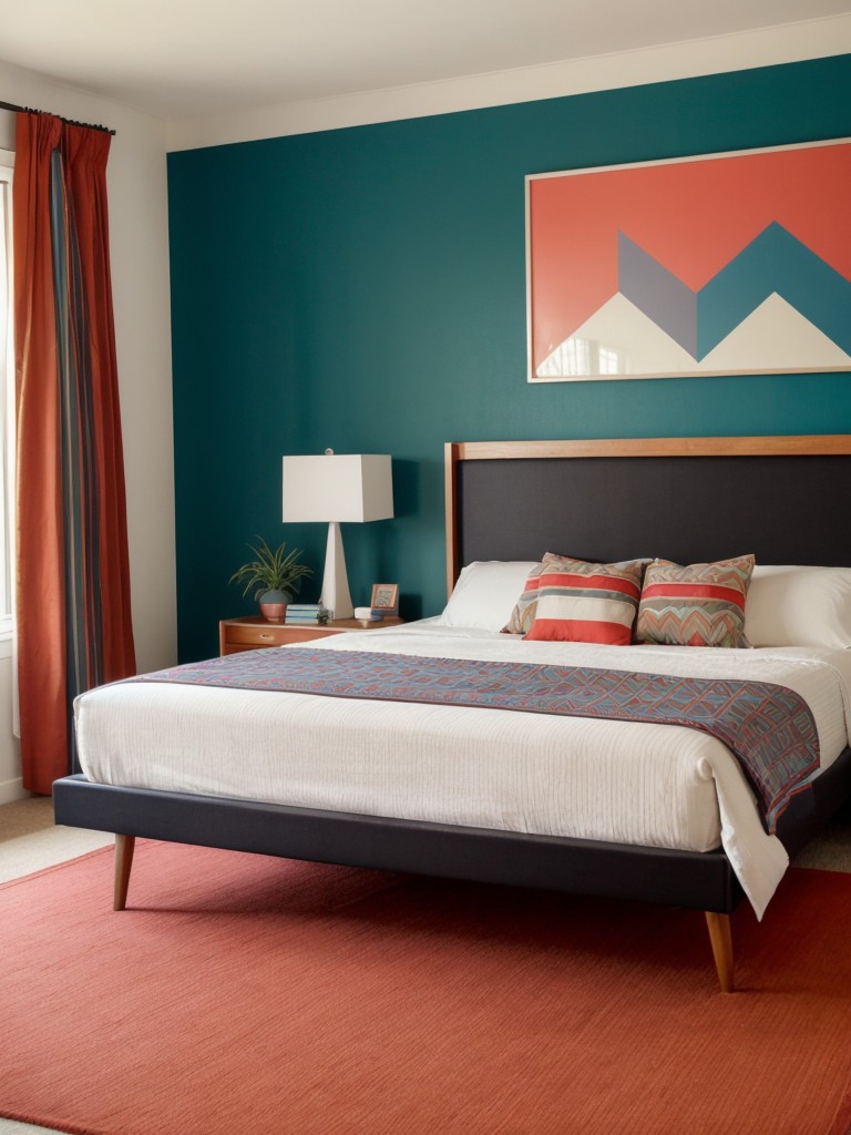 mid-century-modern-bedroom-ideas-retro-inspired-platform-bed-angular-furniture-using-vibrant-accent-colors-geometric-patterns