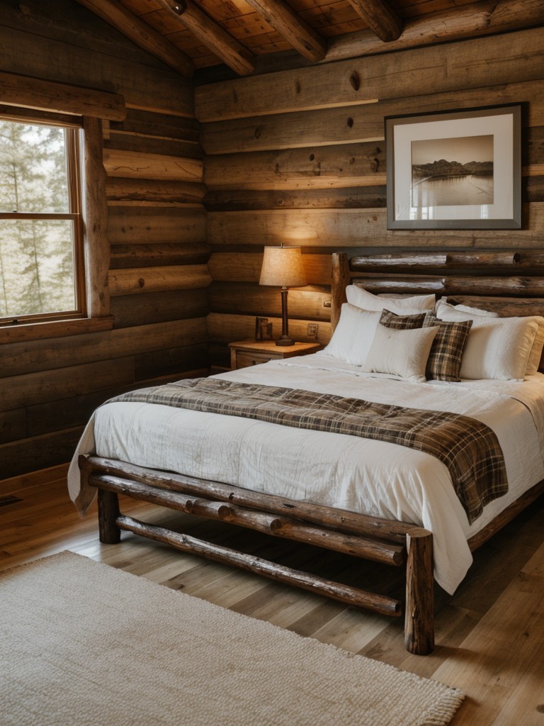 rustic-cabin-bedroom-ideas-log-bed-frame-cozy-plaid-bedding-incorporating-natural-elements-like-wood-stone