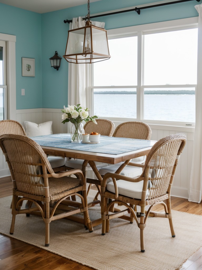 coastal-dining-room-ideas-beachy-color-scheme-wicker-furniture-nautical-decor