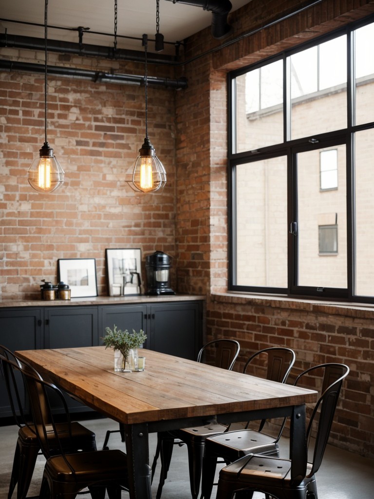 industrial-dining-room-ideas-featuring-exposed-brick-walls-metal-chairs-edison-bulb-pendant-lights-raw-edgy-look